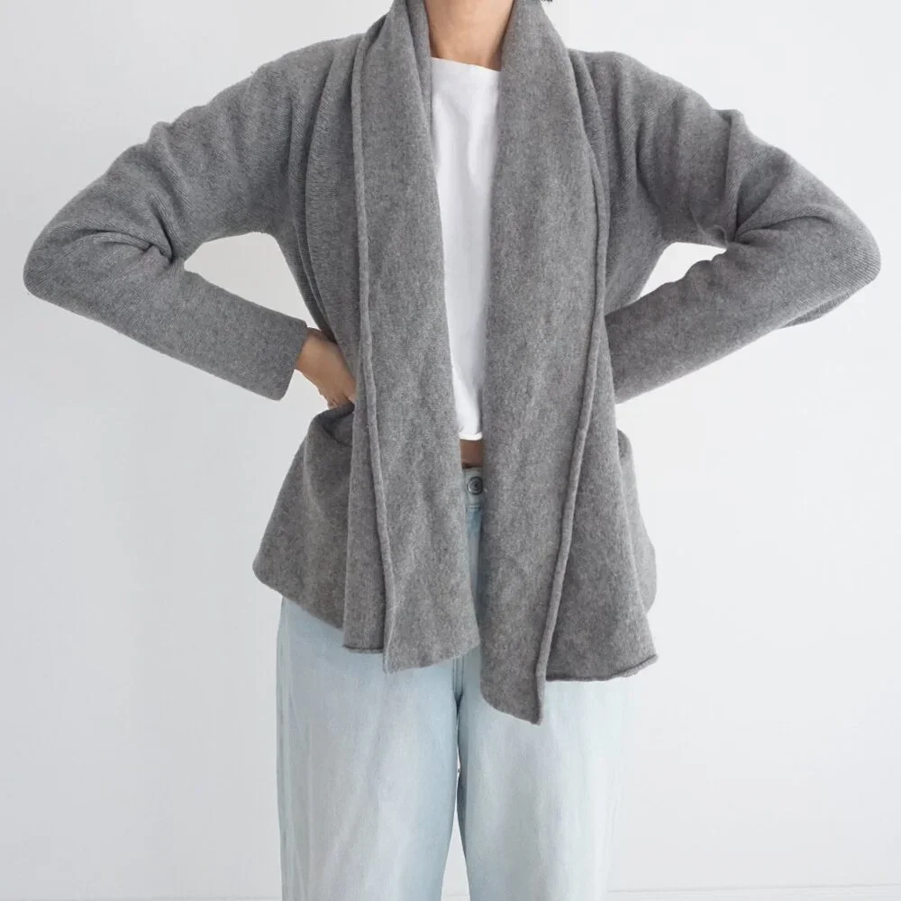 Eileen Fisher Gray Open Front Knit Cardigan Minimalist Drape Soft Classic L - Picture 2 of 10